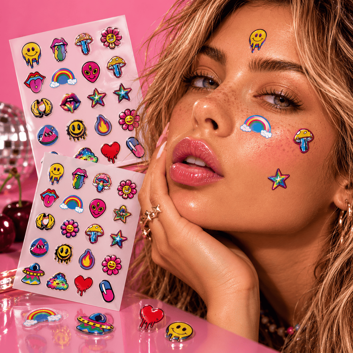 Glossy colorful hydrocolloid pimple stickers on skin in a beauty editorial close up