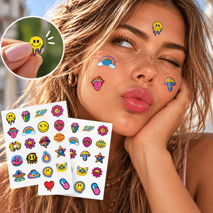 Colorful weird and wacky hydrocolloid pimple stickers on a sunlit freckled face
