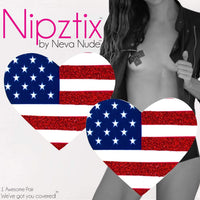 Product view of american flag glitter heart nipple pasties highlighting the sparkling glitter finish