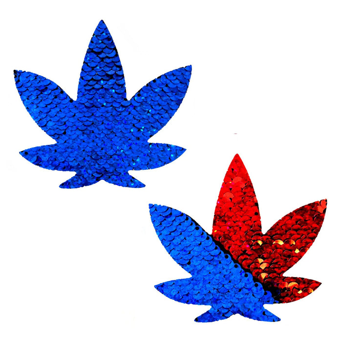 American Spirit Blue to Red Flip Sequins Dope AF Weed Leaf Pasties, Nipple Pasties - NevaNude