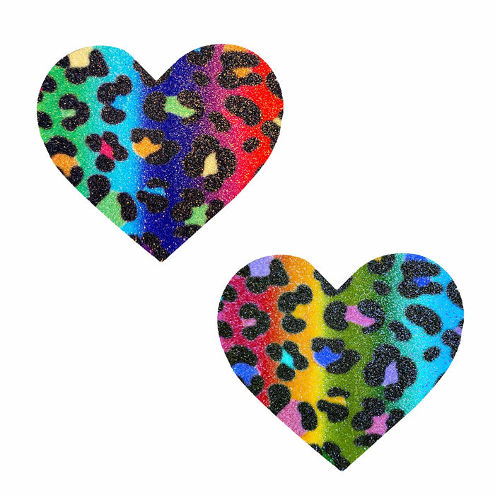 Rainbow leopard glitter heart nipple pasties shown on a clean background