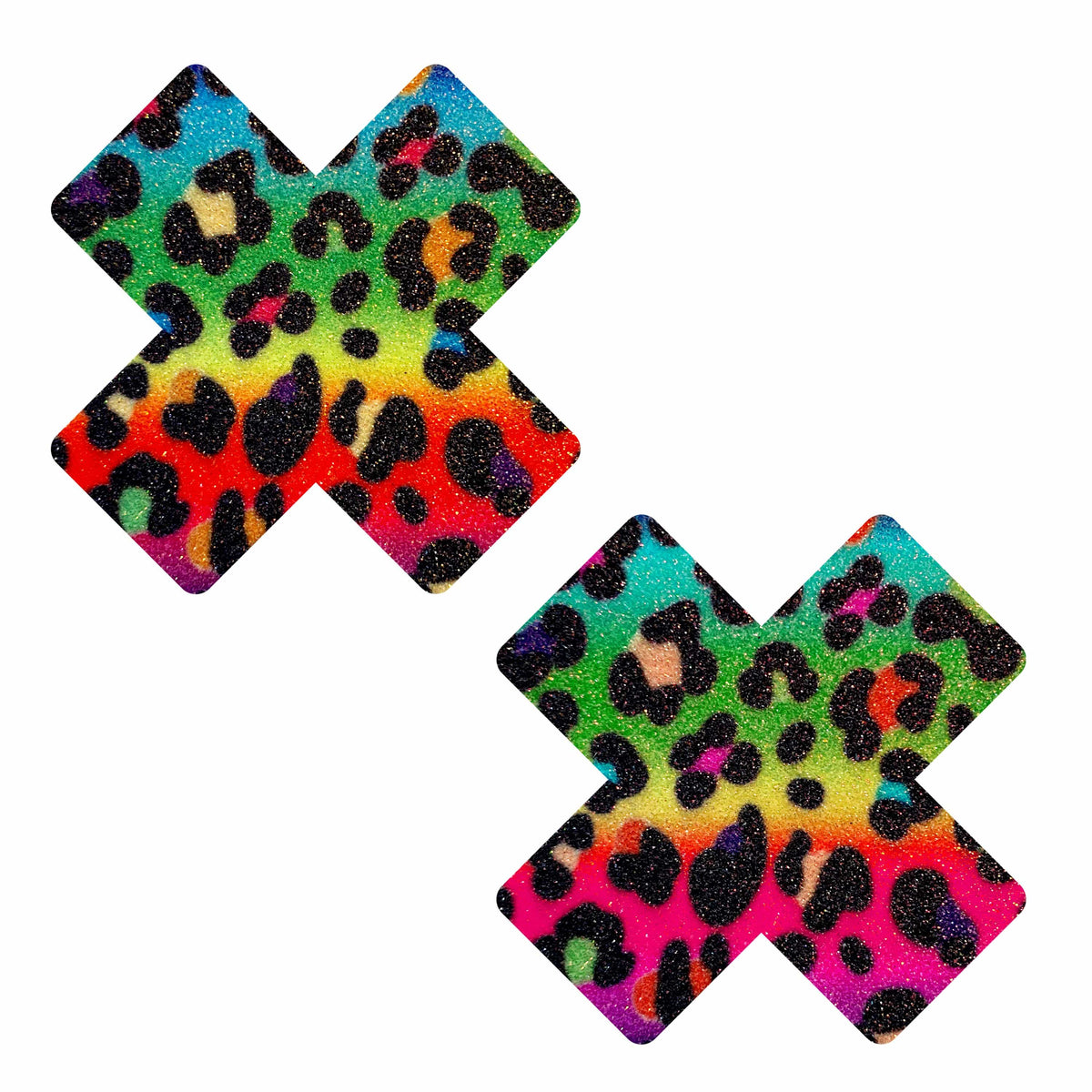 Rainbow leopard glitter X nipple pasties shown on a clean background
