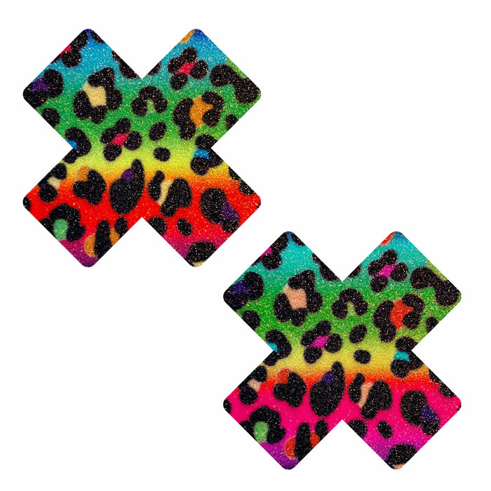 Rainbow leopard glitter X nipple pasties shown on a clean background