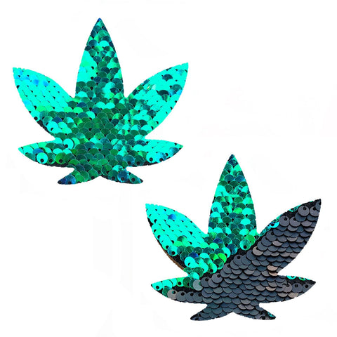 Ariel Green to Black Flip Sequin Gold Dope AF Weed Leaf Pasties, Weed Leaf Pasties - NevaNude
