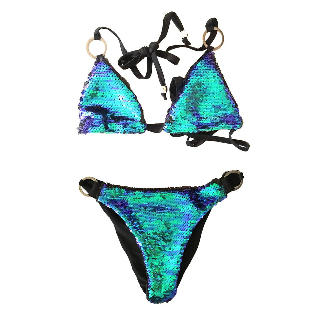 Ariel Green & Black Sequin Flip Bikini Set - NevaNude