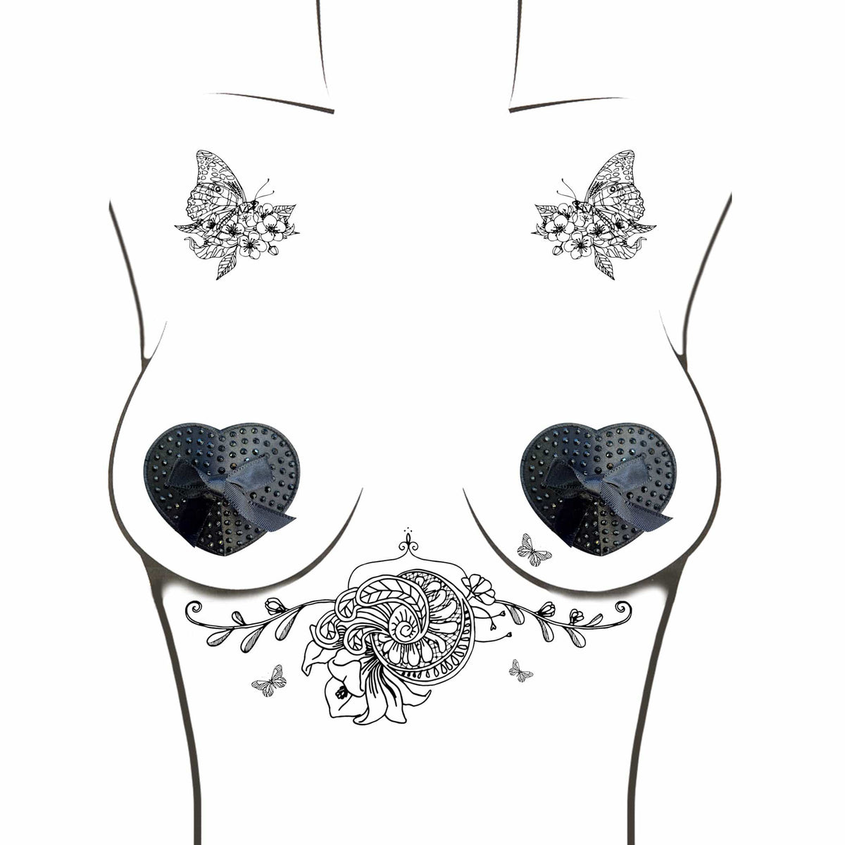 Black crystal heart reusable silicone pasties laid out to show color and finish