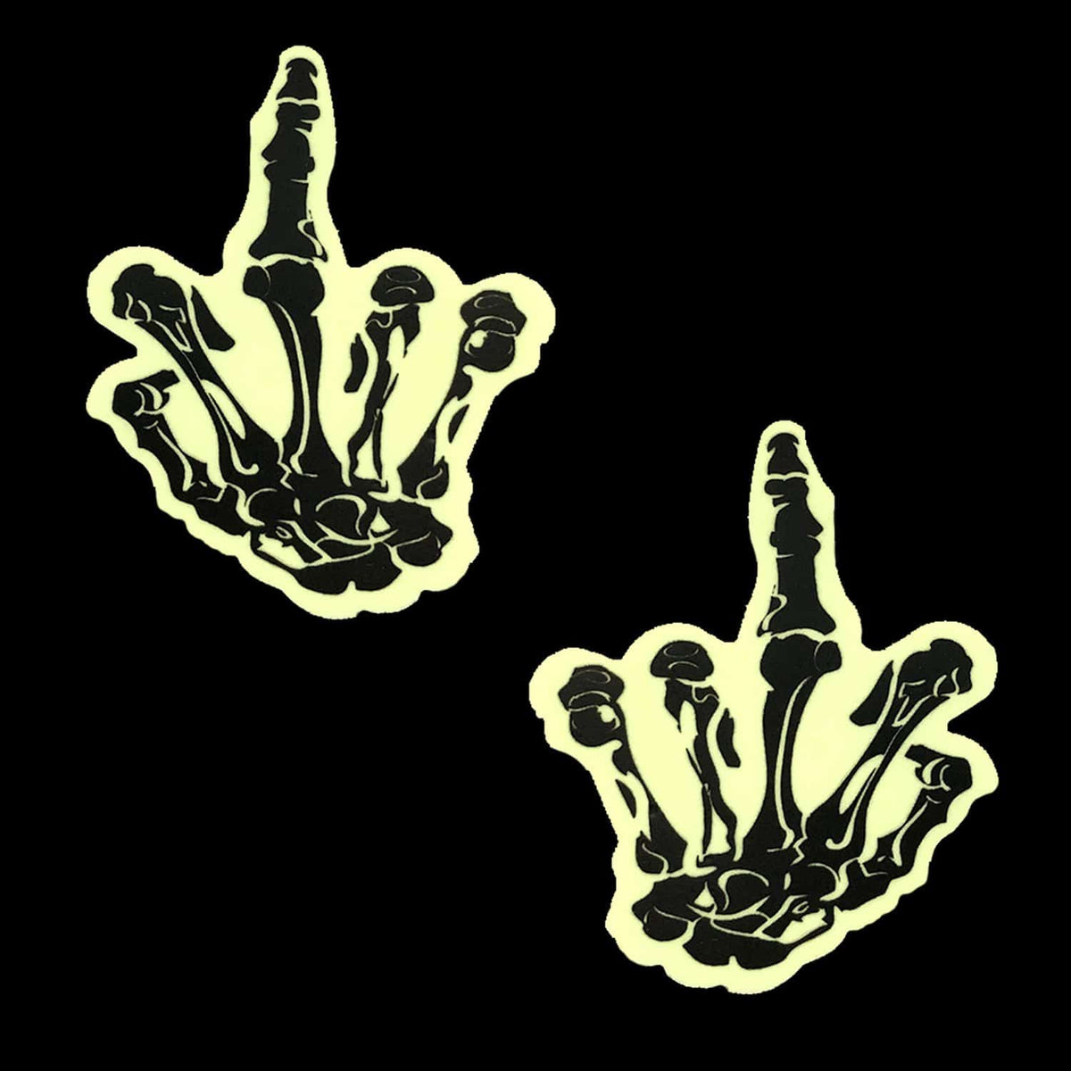Front view of white glow in the dark skeleton hand nipple pasties with the full design visible
