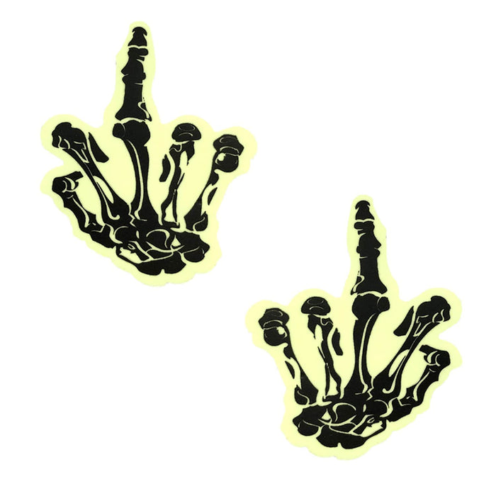 White glow in the dark skeleton hand nipple pasties shown on a clean background