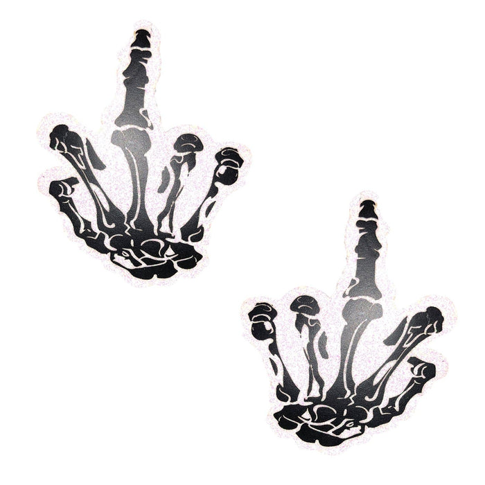 Fuck You Hand You White Glitter Nipztix Pasties, Halloween Nipple Pasties - NevaNude