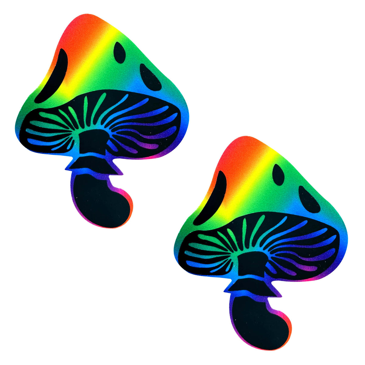 A pair of rainbow-colored toadstool-shaped nipple covers with black accents.