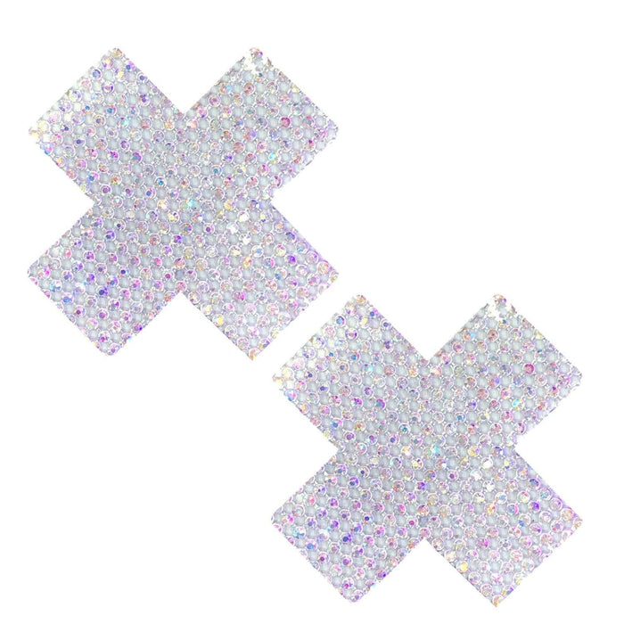 Iridescent crystal jewel X nipple pasties with luxe rainbow rhinestones