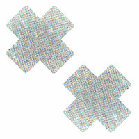 Standalone product shot of the iridescent crystal jewel X nipple pasties