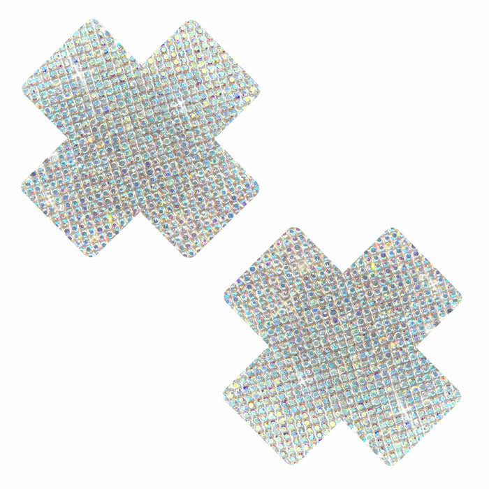 Standalone product shot of the iridescent crystal jewel X nipple pasties