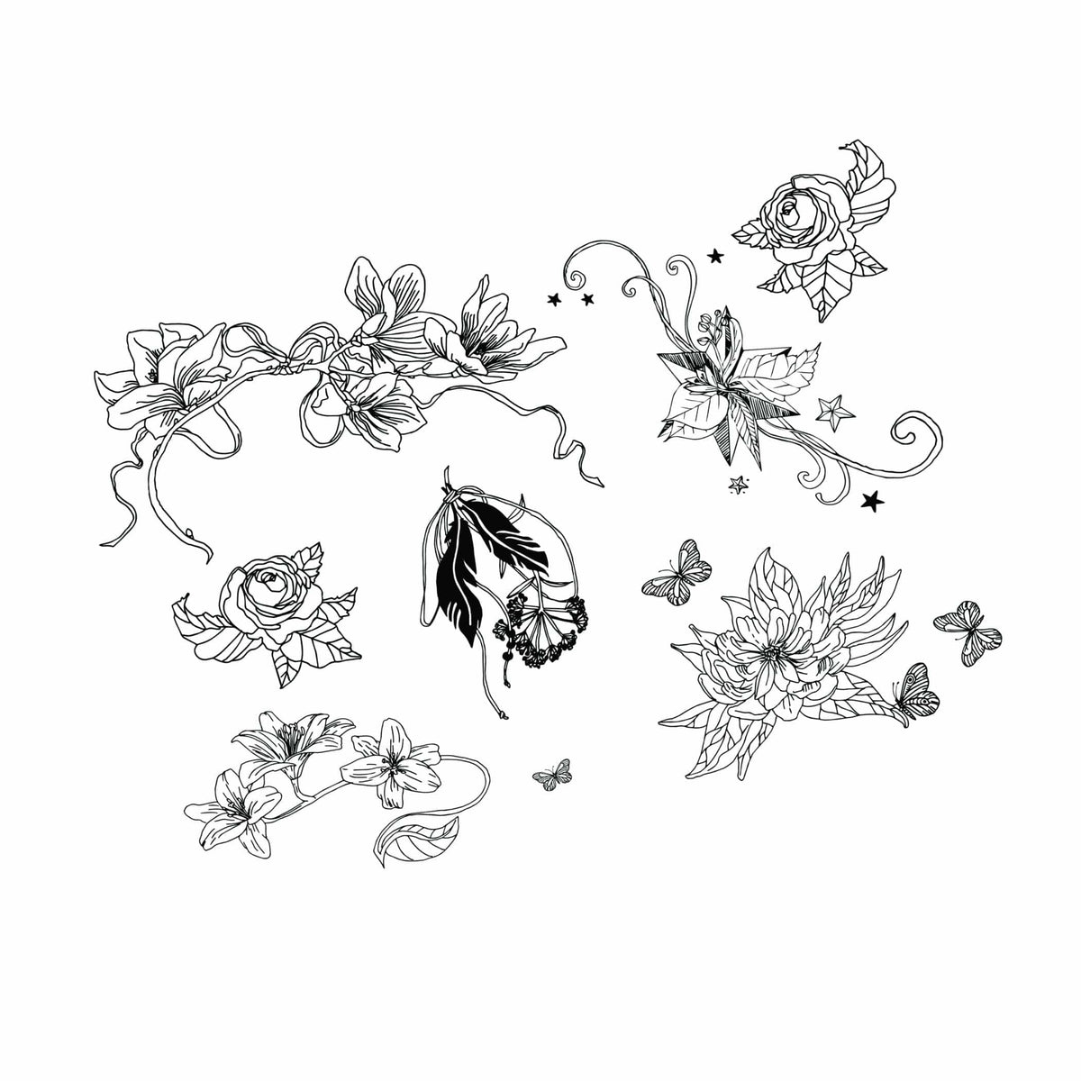 Front view of black floral large temporary tattoos with the full design visible