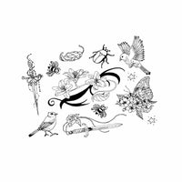 Front view of black butterfly and dagger large temporary tattoos with the full design visible