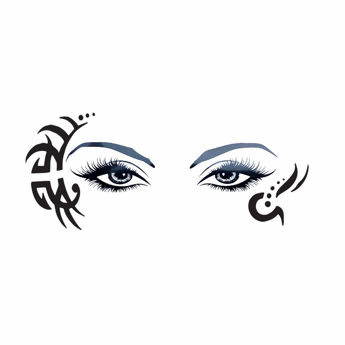 Front view of black tribal style temporary face tattoos with the full design visible