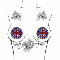 Black Union Jack crystal reusable silicone pasties laid out to show color and finish