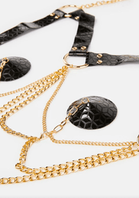 Product shot of the black gold chain harness silicone nipple pasties showing the full design, color and finish
