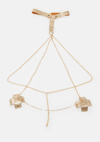 Standalone product shot of the gold chain harness X silicone nipple pasties