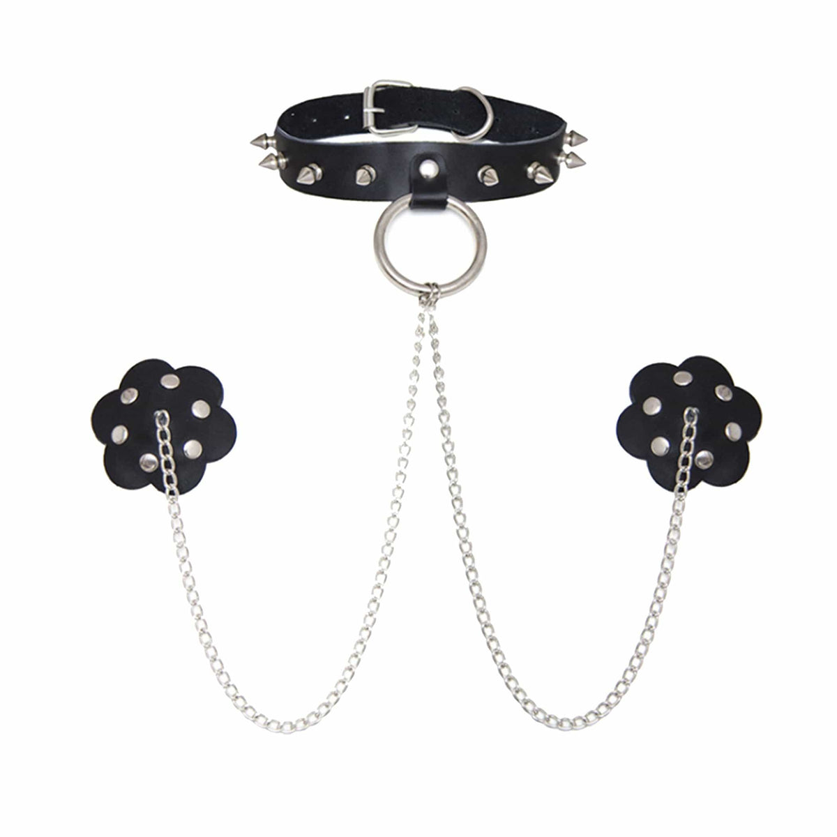 Black leather chain choker with matching silicone pasties shown on a clean background