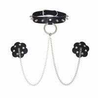 Black leather chain choker with matching silicone pasties shown on a clean background