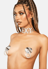 Holographic crystal ring silicone nipple pasties worn by a model, showing the fit and look on the body