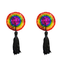 Rainbow sequin tassel reusable silicone pasties shown on a clean background