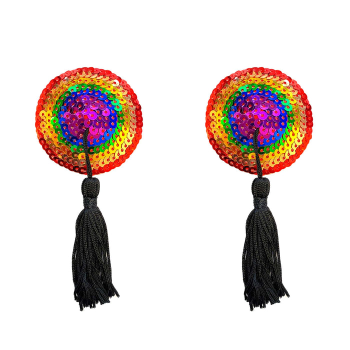 Rainbow sequin tassel reusable silicone pasties shown on a clean background