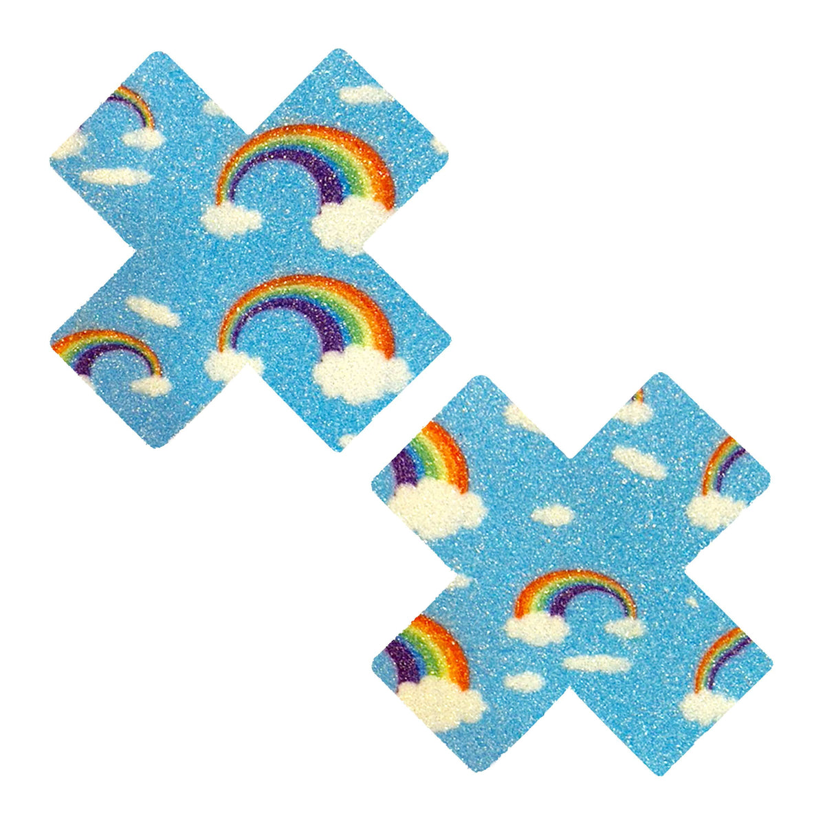 Blue glitter rainbow and cloud X nipple pasties shown on a clean background