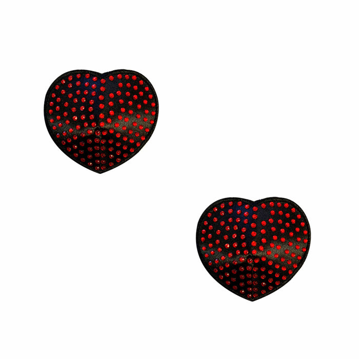Red crystal on black heart reusable silicone pasties shown on a clean background