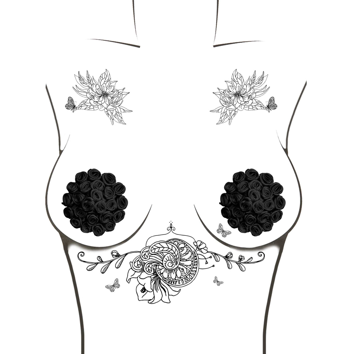 Black rose reusable silicone nipple pasties laid out to show color and finish