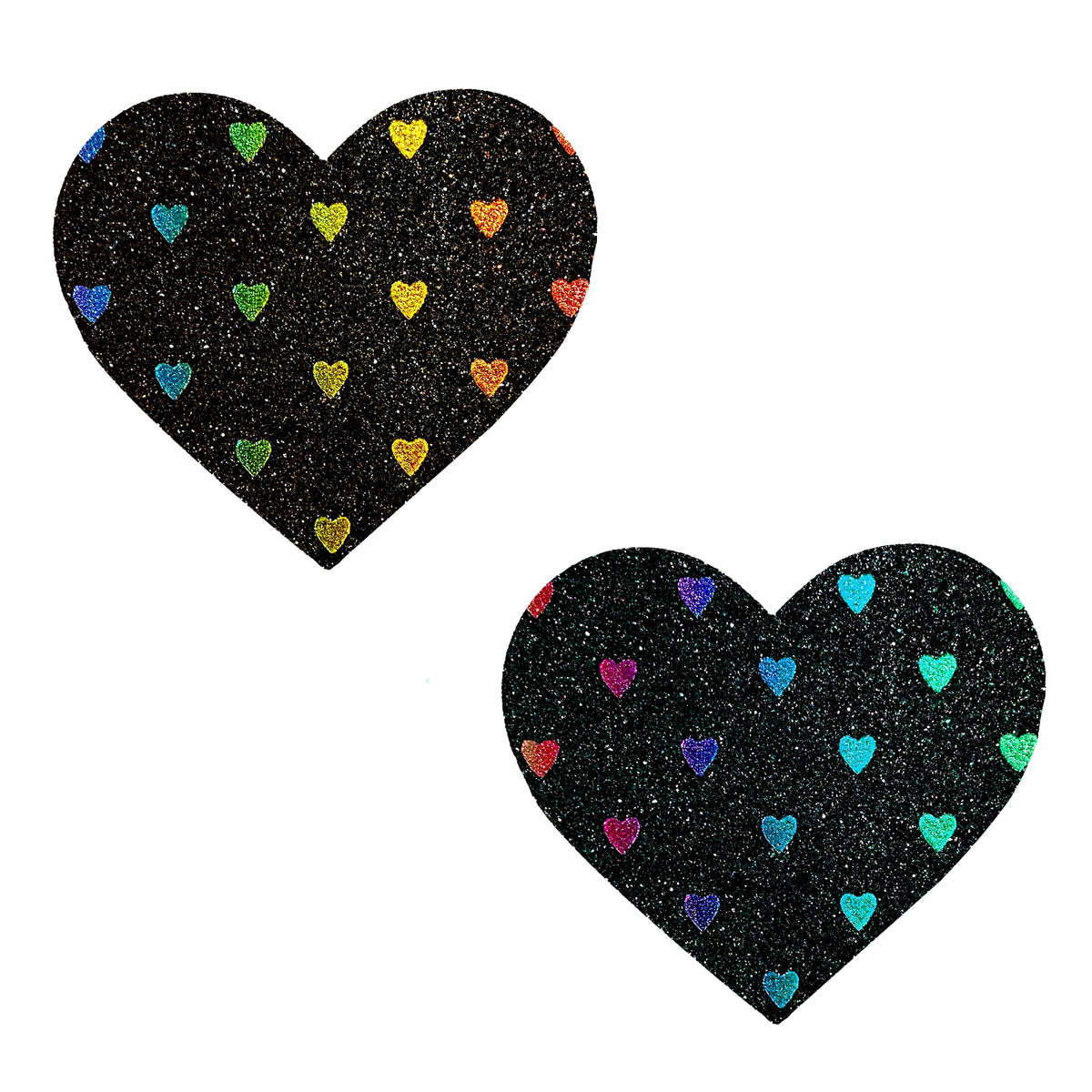 Black glitter heart nipple pasties with rainbow foil shown on a clean background