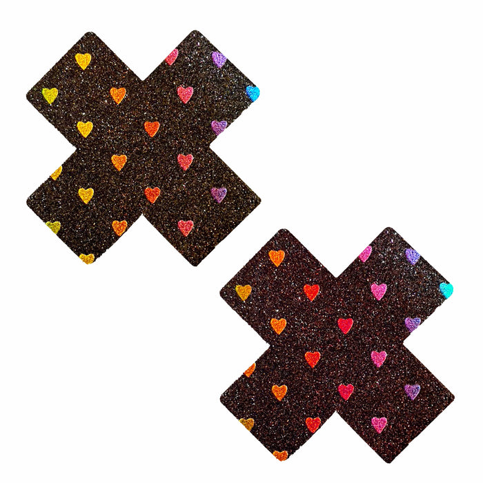 Black glitter X nipple pasties with rainbow hearts shown on a clean background