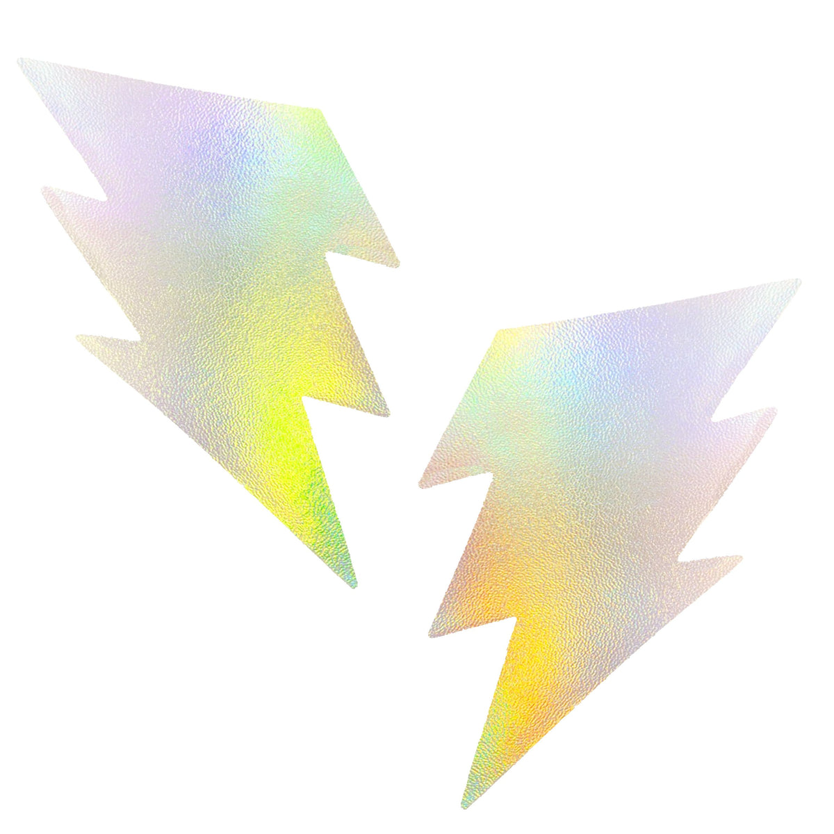Holographic Lightning Bolt Nipple Pasties shown on their own with a rainbow shifting holographic finish