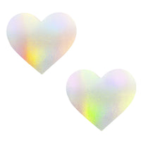 Holographic Heart Nipple Pasties shown on their own with a rainbow shifting holographic finish