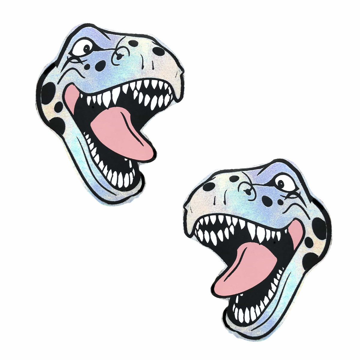 Standalone product shot of the silver holographic t rex nipple pasties