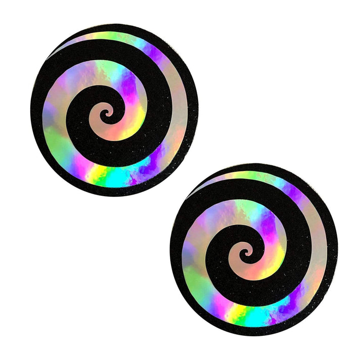 Care Bare Stare Holographic Spiral on Black Malice Glitter Nipztix Pasties, Spiral Nipple Pasties - NevaNude