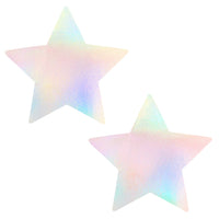 Holographic Star Nipple Pasties shown on their own with a rainbow shifting holographic finish