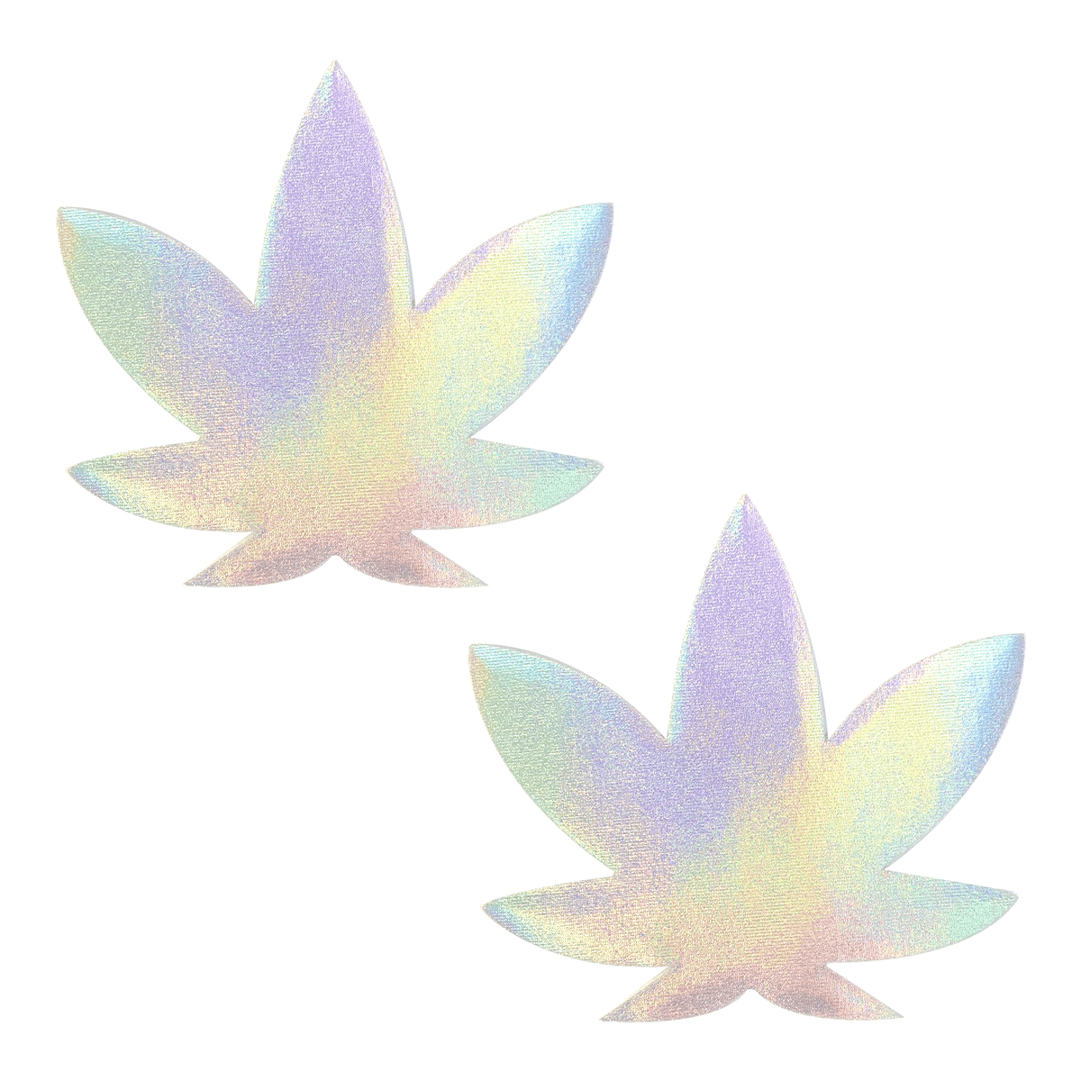 Holographic weed leaf shaped nipple pasties with a rainbow shimmer, shown on their own