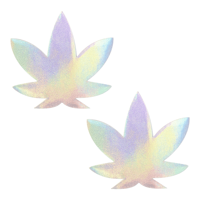 Holographic weed leaf shaped nipple pasties with a rainbow shimmer, shown on their own