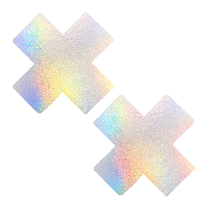 Holographic X Nipple Pasties shown on their own with a rainbow shifting holographic finish