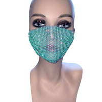 Alternate view of the teal crystal mesh jewel face mask with adjustable loops