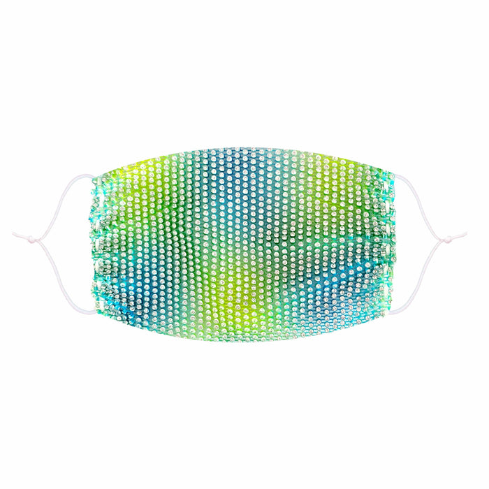 Green and yellow crystal mesh jewel face mask with a neon candy rave sparkle