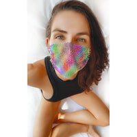 Model wearing the multicolor crystal mesh jewel face mask on the pride dance floor