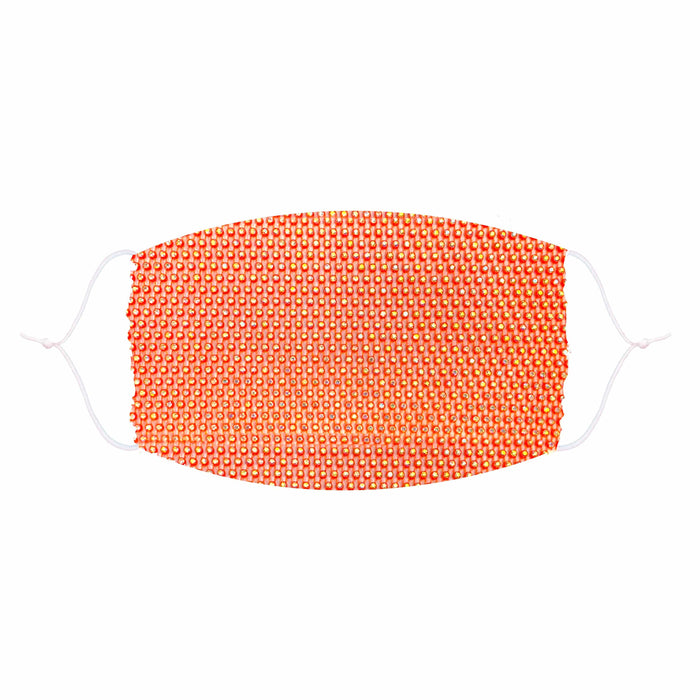 Neon orange blacklight crystal mesh face mask with bright UV rave sparkle