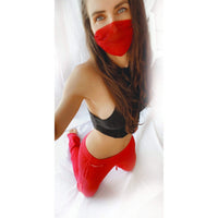 Model wearing the red crystal mesh jewel face mask for a vampire costume look