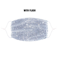 Alternate view of the white iridescent crystal mesh face mask with adjustable loops