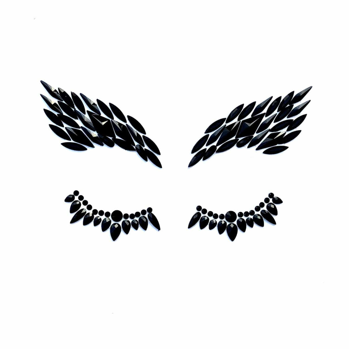 Close look at glossy black rhinestone wing shaped face jewels for night looks