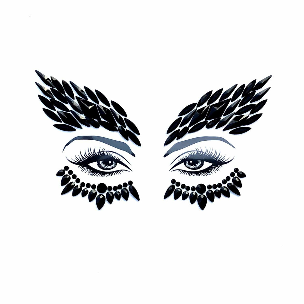 Black crystal winged face jewels with a dramatic sweep for dark eye makeup, shown alone