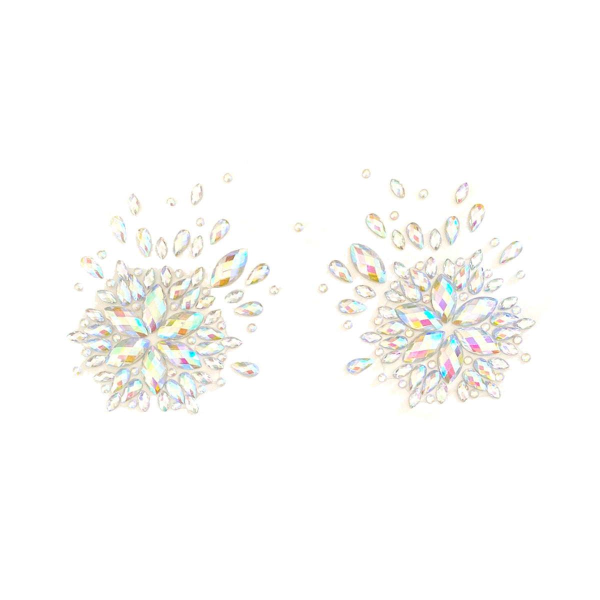 Clear iridescent crystal snowflake nipple pasties shown on a clean background